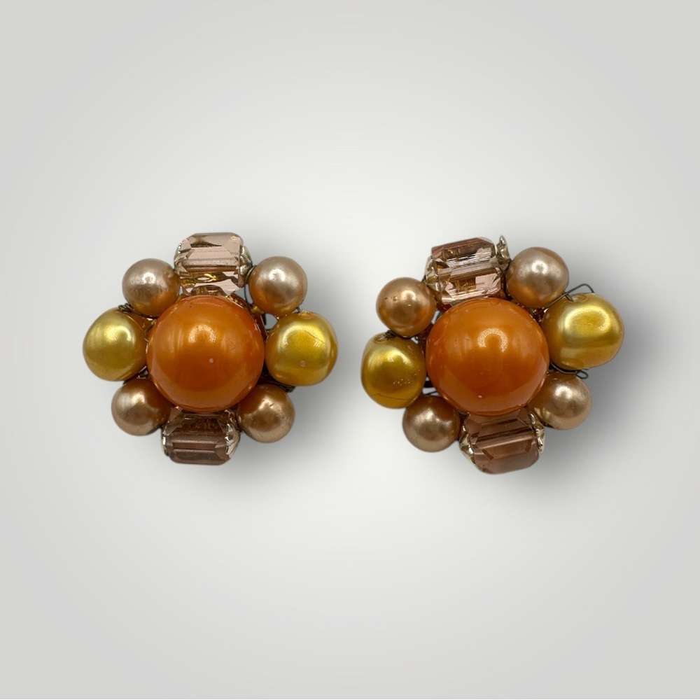 Vintage Elegant Gold and Orange Cluster Earrings made in Japan